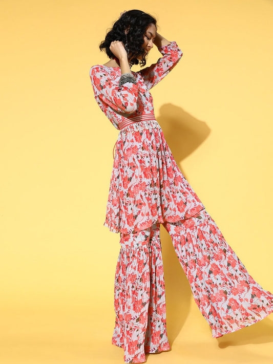 Floral Poly Georgette Pleated Form Kurta Set - Inddus.com