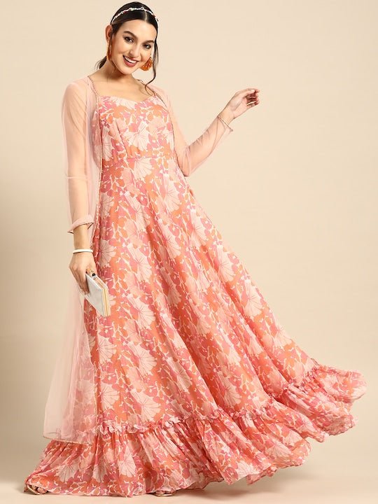 Floral Print Georgette Maxi Dress With Jacket - Inddus.com