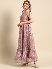 Floral Print Sweetheart Neck Ruffled Organza Maxi Dress With Shoulder Tie-Ups - Inddus.com