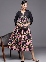 Floral Printed A-Line Cotton Midi Dress - Inddus.com