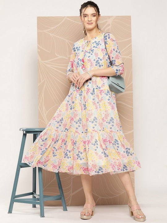 Floral Printed A-Line Midi Dress - Inddus.com