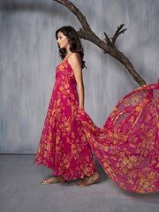 Floral Printed AnarkLI Kurta with Trousers & Dupatta - Inddus.com