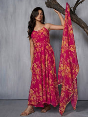 Floral Printed AnarkLI Kurta with Trousers & Dupatta - Inddus.com