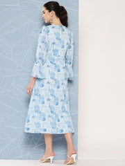 Floral Printed Bell Sleeves Midi Ethnic Dress With Lace Detail - Inddus.com