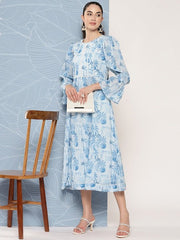 Floral Printed Bell Sleeves Midi Ethnic Dress With Lace Detail - Inddus.com