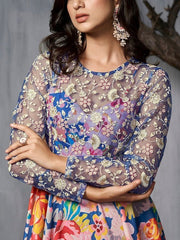 Floral Printed & Embroidered Fit-Flared Maxi Gown - Inddus.com