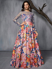 Floral Printed Embroidered Fit Flared Maxi Gown Inddus