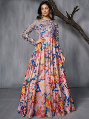 Floral Printed & Embroidered Fit-Flared Maxi Gown - Inddus.com