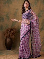 Floral Printed Embroidered lace Border Saree - Inddus.com