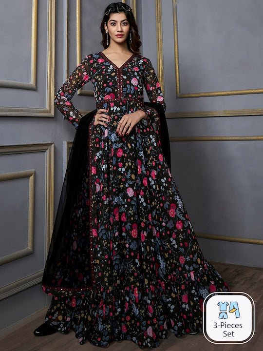 Floral Printed Fit & Flare Maxi Ethnic Dresses With Dupatta - Inddus.com