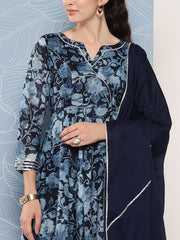 Floral Printed Gotta Patti Chanderi Cotton Kurta With Trousers & Dupatta - Inddus.com