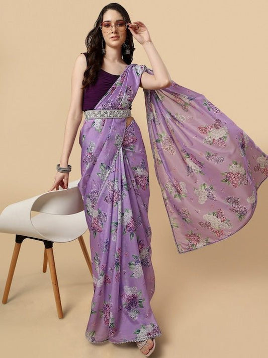 Floral Printed Gotta Patti Saree With Blouse & Belt - Inddus.com