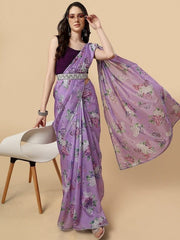 Floral Printed Gotta Patti Saree With Blouse & Belt - Inddus.com
