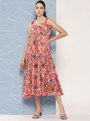 Floral Printed Midi Ethnic Dress - Inddus.com
