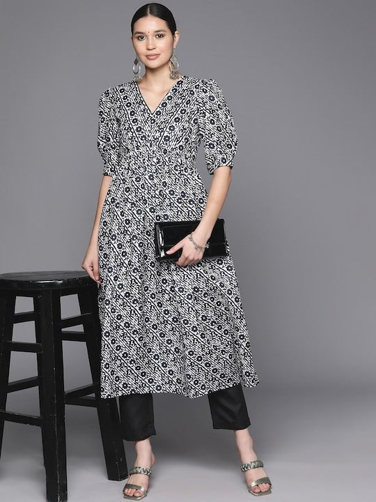Floral Printed Puff Sleeves Empire Kurta With Trousers - Inddus.com