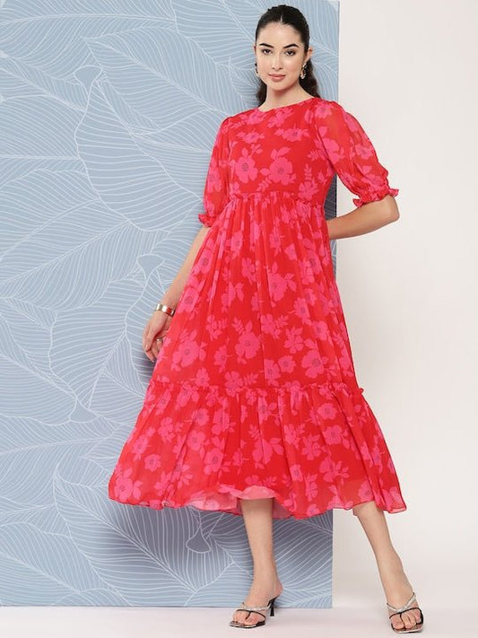 Floral Printed Puff Sleeves Georgette Midi Ethnic Dress With Ruffles Detail - Inddus.com