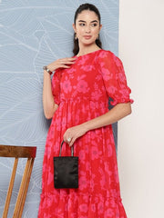 Floral Printed Puff Sleeves Georgette Midi Ethnic Dress With Ruffles Detail - Inddus.com