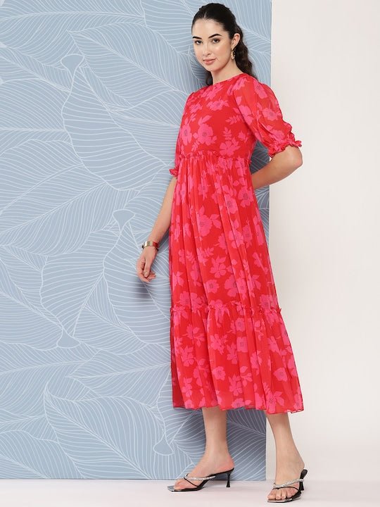 Floral Printed Puff Sleeves Georgette Midi Ethnic Dress With Ruffles Detail - Inddus.com
