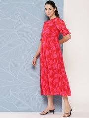 Floral Printed Puff Sleeves Georgette Midi Ethnic Dress With Ruffles Detail - Inddus.com