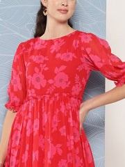 Floral Printed Puff Sleeves Georgette Midi Ethnic Dress With Ruffles Detail - Inddus.com