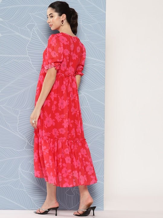 Floral Printed Puff Sleeves Georgette Midi Ethnic Dress With Ruffles Detail - Inddus.com