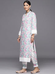 Floral Printed Regular Chikankari Pure Cotton Kurta With Trousers - Inddus.com