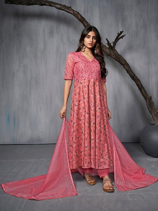 Floral Printed Regular Thread Work Kurta With Trousers & Dupatta - Inddus.com