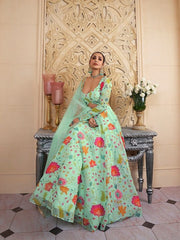 Floral Printed Semi-Stitched Organza Lehenga & Unstitched Blouse With Dupatta - Inddus.com