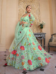 Floral Printed Semi-Stitched Organza Lehenga & Unstitched Blouse With Dupatta - Inddus.com