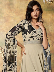 Floral Printed Sequinned Georgette Fit & Flare Maxi Ethnic Dress - Inddus.com