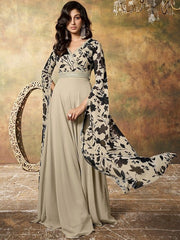 Floral Printed Sequinned Georgette Fit & Flare Maxi Ethnic Dress - Inddus.com