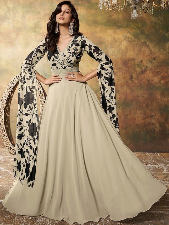 Floral Printed Sequinned Georgette Fit & Flare Maxi Ethnic Dress - Inddus.com