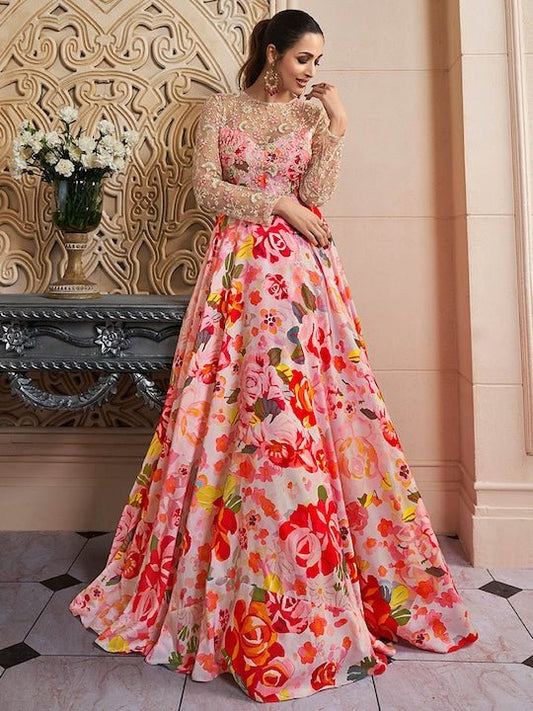 Floral Printed Thread Work Fit & Flare Ethnic Dress - Inddus.com