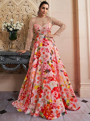 Floral Printed Thread Work Fit & Flare Ethnic Dress - Inddus.com
