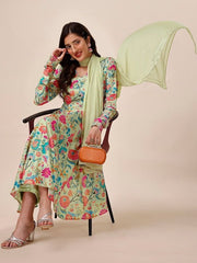 Floral Printed V-Neck Kurta & Trousers with Dupatta - Inddus.com