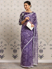 Floral Printed Zari Organza Saree - Inddus.com