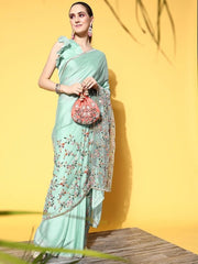 Floral Satin Saree with Embellished border - Inddus.com