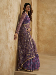 Floral Sequines Embroidered Ruffled Saree - Inddus.com