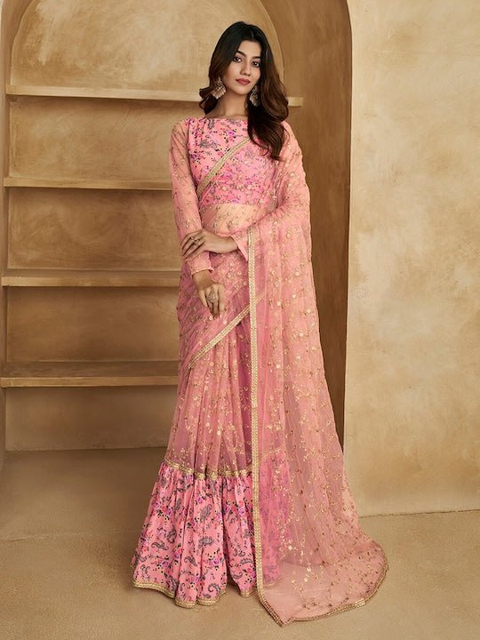 Floral Sequines Embroidered Ruffled Saree - Inddus.com
