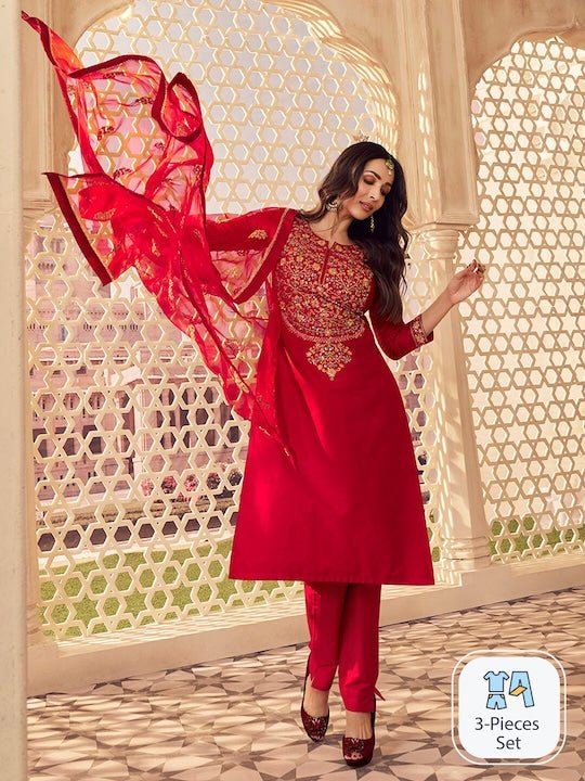 Floral Sequinned Yoke Design Regular Pure Silk Kurta With Trousers & Dupatta - Inddus.com
