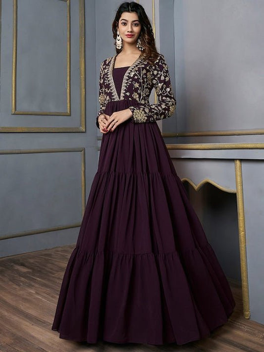 Floral Sequins And Embroidered Tiered Maxi Dress - Inddus.com