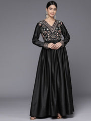 Floral Thread Work Embroidered Satin Maxi Ethnic Dress - Inddus.com