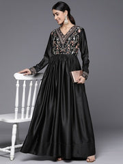 Floral Thread Work Embroidered Satin Maxi Ethnic Dress - Inddus.com