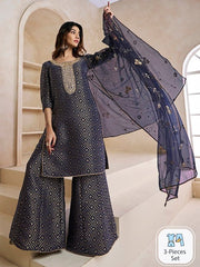 Floral Woven Design Zari Kurta With Sharara & Dupatta - Inddus.com