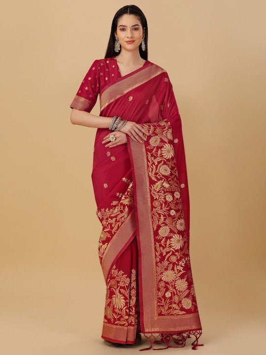 Floral Woven Design Zari Pure Silk Saree - Inddus.com