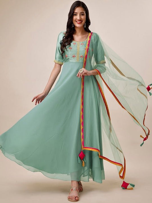 Floral Yoke Design Anarkali Kurta With Dupatta - Inddus.com