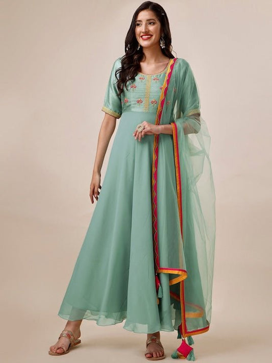 Floral Yoke Design Anarkali Kurta With Dupatta - Inddus.com