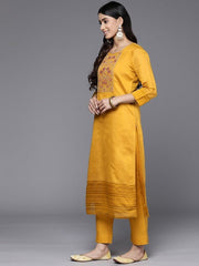 Floral Yoke Design Chanderi Cotton Kurta With Trousers & Dupatta - Inddus.com