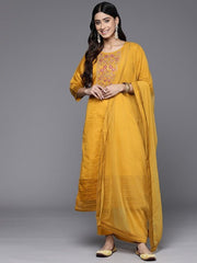 Floral Yoke Design Chanderi Cotton Kurta With Trousers & Dupatta - Inddus.com