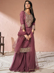 Floral Yoke Design Regular Chanderi Cotton Kurta with Palazzos & Dupatta - Inddus.com